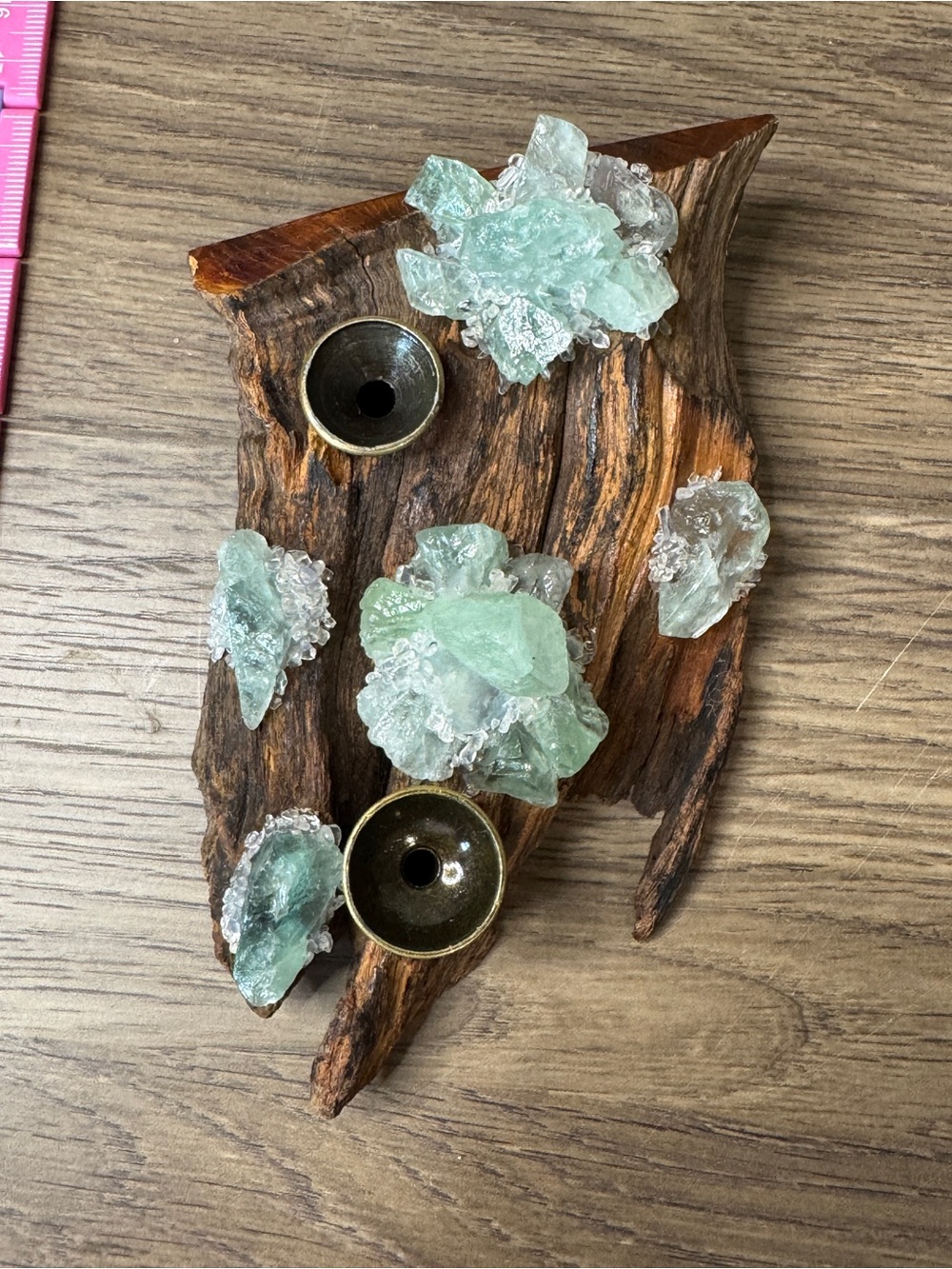 Decorative Green Crystal Cluster Sphere Holder on Wood -Sphere NOT INCLUDED.